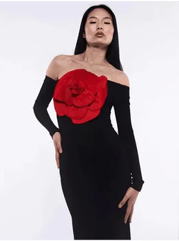 Móda Červený Kvet Dlhý Večer Sexy Šaty Bez Ramienok Mimo Ramenný Lomka Krku Elegantné Split Black Party Šaty