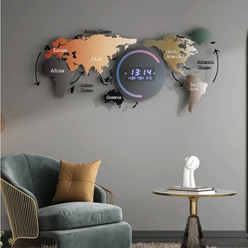 Mapa sveta Veľký Digitálny LED Nástenné Hodiny Elektronické Moderný Dizajn Sledovať Kalendár, Teplomer, Hodiny na Stenu Domova Obývacia Izba