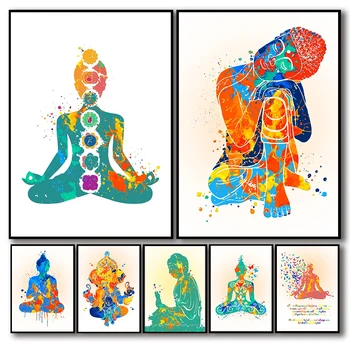 Indický Sochu Budhu Meditácie Čakra Mandala Akvarel Nordic Wall Art Psychedelic Jogy Dekorácie HD plagáty, maľba na plátno