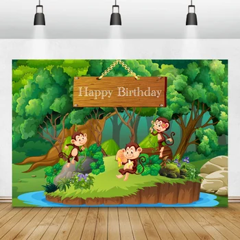 Jungle Opice Safari Strany Dieťa Happy Birthday Fotografie Pozadí Zeleného Lesa Cartoon Zvieratá Baby Sprcha Foto Pozadia