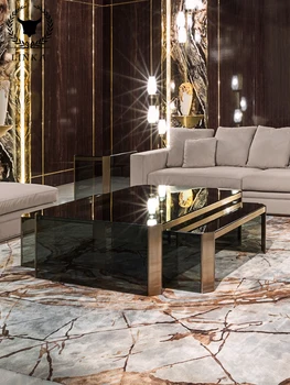 Svetlo luxusné talianske tvrdeného skla námestie veľkosť kombinácia nerezovej ocele obývacia izba moderný jednoduchý čaj stôl