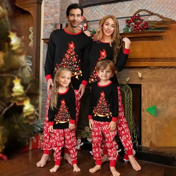 Black Rodiny Oblečenie Sady Strom Spánku Tlač Topy List Jeseň Pyžamo Vianočné Nosenie Rukáv Zodpovedajúce Nohavice Dlhé Domov