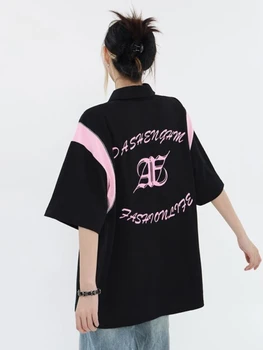 ADAgirl Y2k List Tlač Nadrozmerné T Shirt Patchwork Streetwear Kórejský Módy Hippies, Ružová, Čierna Krátky Rukáv Ženy Oblečenie Nové