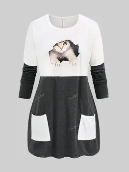 ROSEGAL Plus Veľkosť Grafické T-shirt S Vreckami Ženy Každodenné Bežné Topy Colorblock Mačka 3D Roztrhlo Tlač Tees