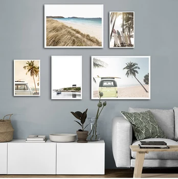Tropické Leto, More, Pláž Cestovné Tlač Západ Slnka Kokosový Surf Auto Plátno Umenie Maľba Seascape Obrázok Dekorácie