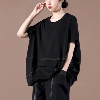 Kórejský Voľné Tričká Žien, ktoré zažívajú Line Dekorácie Falošné Vrecko T-shirt Módne Bežné Krátkym Rukávom Letné Topy Trend Umenie Tričko