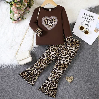 Dievčenské Jesenné a Zimné Nové Leopardí Vzor Srdce Spodnej Tričko+Elastické Obličkového Nohavice Nastaviť