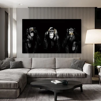 Moderné Čierne a Biele Zvieratá Orangutans Opice Plátne Obrazy Plagáty Vytlačí Wall Art Obrázky pre Obývacia Izba Domova
