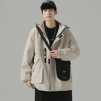 Pánska Outdoor Bunda na Jeseň Kabát Multi-taška na Náradie Nepremokavé Kapucňou Bežné Mládež kórejská Verzia Patch S Zips Streetwear