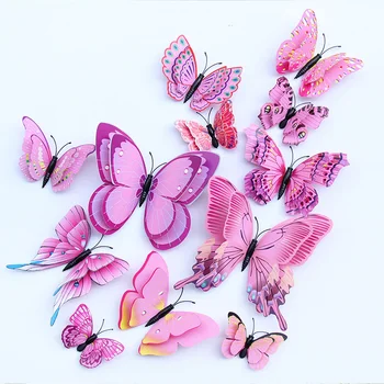 12pcs-Motýľ, Stena Nálepky Magnet Motýle Tapety 3D Dvojvrstvové Samolepky na Stenu Svadobné Obývacej Miestnosti Dekorácie