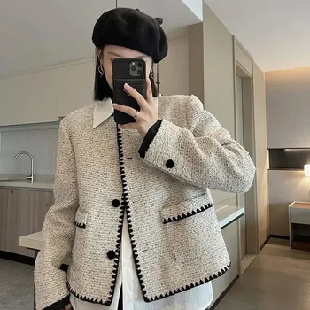 Elegantné Ostrihané Tweed Bundy Ženy Vintage Krátke Kabáty Jeseň Zima Office Lady Kórejský Streetwear Módy Vrchné Oblečenie Topy Nové