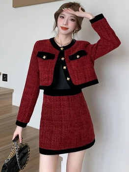 Elegantné Ženy Dve-Dielna Sada Červená Tweed Krátka Bunda, Kabát Jeseň Zima Vysoký Pás Mini Sukne Vintage Office Lady Módne Oblečenie