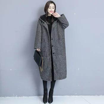 Kórejské Ženy S Kapucňou Vlna Zmes Kabát Pevné Femme 2023 Jeseň Zima Nové Módne Dlhé Vlny Bunda Voľné Ženy Kabát G1636
