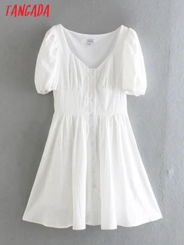 Tangada 2023 Lete Ženy Biele Šaty Tlačidlá Lístkového Krátky Rukáv Dámske Mini Šaty 3D11