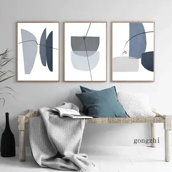Blue Gray Abstraktné Geometrické Línie Plagát Polovice Storočia Plátno na Maľovanie a Vytlačí Nordic Wall Art Print Obrázok Obývacia Izba Dekor