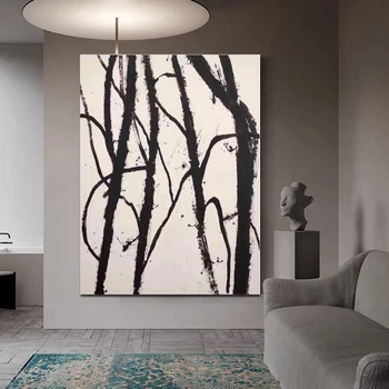 Abstrakt Minimalistický Wall Art Čierna a Béžová Ručne Maľované umelecké Diela Textúra Plátno, Maľovanie Na Obývacia Izba Office Dekorácie