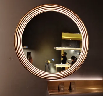 2023 Moderný Dizajn, Luxusný Hotel Kolo Hliníkové Zlatý Rám LED Kúpeľňa Zrkadlo S Inteligentným Tlmením Dotyk A Proti-zahmlievaniu