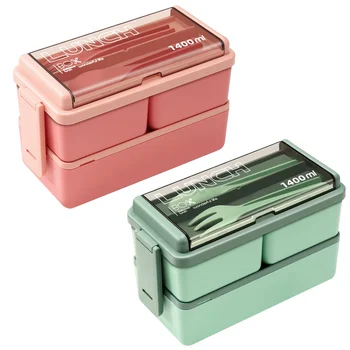 Dvojvrstvové Prenosné Lunch Box Pre Deti S Vidličku a Lyžičku Mikrovlnná Bento Boxy Riadu Nastavte Skladovanie Potravín Kontajner