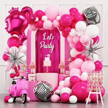 115Pcs Hot Pink Balóny Garland Auta s Dievčatami Hlavu Starburst Disco Ples pre Princess Narodeniny Dieťa Sprcha make-up Party Decor