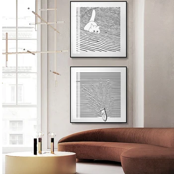 Nordic štýl čiernej a bielej čiary mačiatko Plátno na Maľovanie Roztomilý Plagát, Tlač Na Obývacia Izba, Jedáleň, Spálňa Wall Art Obrázok