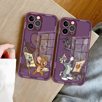 Pár J-JerryS Myši Tom Cat Telefón Prípade, Fialová, Zelená Sklo Pre IPhone 13 14 12 11 Pro Max Plus Mini X XR 8 7 6 SE2020 Kryt