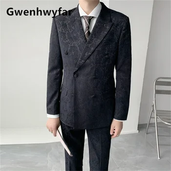 Gwenhwyfar 2021Autumn a zimné nový čierny oblek emcee šaty, oblek výšivky mužov double-breasted šaty večera oblek