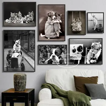 Čierna a Biela Vintage francúzskej Pudel Foto Plagát Tlač anglický Buldog Mačka, Pes Wall Art Plátno na Maľovanie Obývacia Izba Domova