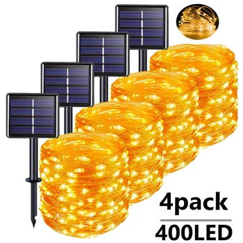 4pack Solárne String Svetlá Vonkajšie 400LED 110ft Medený Drôt Dekorácie Vianočné Rozprávky Svetlá Nepremokavé Záhrada, Terasa, Svadobné