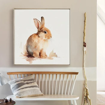 Roztomilý Zajačik Akvarel Plátno Tlačiť Wall Art Králik Plagát Teplé Tónovaný Zvierat Obrázok pre Obývacia Izba Domova Cuadros