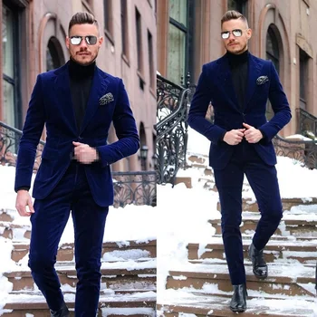Kostým Homme Tmavo Modré Jedno Tlačidlo Velvet Mens Prom Oblek S Drážkou Klope Svadobné Tuxedos Pre Mužov, 2 Ks Komplety (Bunda+Nohavice)
