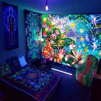 Čierne Gobelín Stene Visí UV Reaktívne Psychedelic Svete Hippie pre Spálne internátu, Súkromné Dekorácie