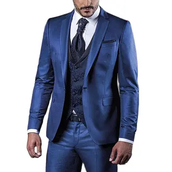 Námornícka Modrá Ženícha Smoking pre Svadbu 3 Ks Slim Fit Formálne Muži Obleky Bunda s Kvetinovým Vestu Nohavice Vlastné Male Móda