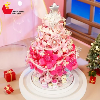 Ružová Strom Stavebné Bloky Večný Kvetu Rastlín Črepníkové Model Tehly Nastaviť Dovolenku Dekorácie Dieťa HOBBY Hračky pre Deti Vianočné Darčeky