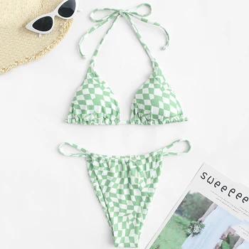 Sexy Geometrické Mreže Plavky s uväzovaním za Triangle Bikini Set pre Ženy 2024 Mikro Tangá Plavky Zelené plavky Bikiny Mujer