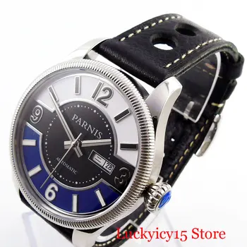 PARNIS Klasické 42mm Mužov Náramkové hodinky Modrá Biele Dial Týždeň Dátum Funkciu Zafírové Sklo z Nerezovej Ocele