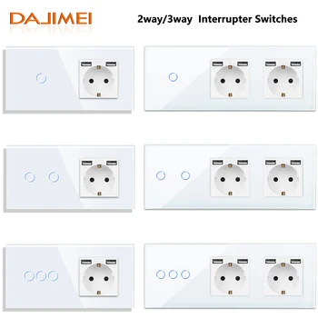 DAJIMEI Wall Light Switch 1/2/3Gang 2/3Way Dotykový Spínač s Manželskou USB Nabíjanie EÚ Napájacie konektory Prerušovačom Spínače pre domácnosť