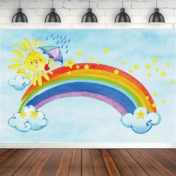 Fotografie Pozadie Happy Birthday Rainbow Roztomilý Slnko Foto Pozadie Plagát Photophone Pre Detská Izba Dekorácie Banner