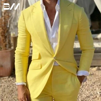 2024 Žltá Bielizeň Pláži Muži Obleky Slim Fit 2 Kus Svadby Ženích Smoking Vrchol Klope Mužskej Módy Kostým, Sako S Nohavice