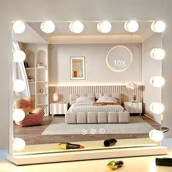 Zrkadlo so Svetlami, Osvetlené make-up Zrkadlo s 15 Stmievateľné LED Žiarovky,3 Farebné Svetelné Režimy,USB Nabíjací Port Dotykové Ovládanie,Sturd