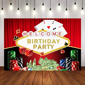 Narodeniny party casino kulisu pre fotografovanie pokerové žetóny červená curtrain pozadie pre photo studio happy birthday tému party