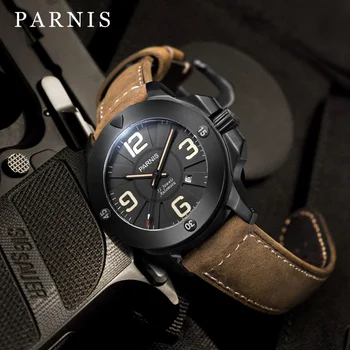 Móda Parnis 47mm Black Dial Vojenské Mechanické Automatické Hodinky Mužov Sapphire Crystal Kožený Remienok Hodiniek reloj para hombre
