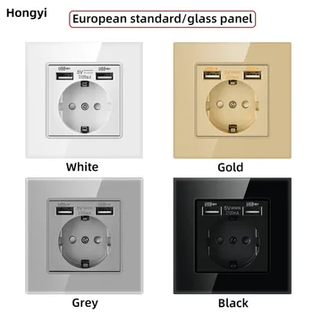 Hongyi EÚ elektrická zásuvka, zapojte s 2.1 16A nabíjania cez USB port, biela čierna šedá zlato, sklenený panel, ruský španielsky zásuvky napájania