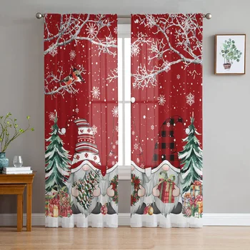 Vianočný Sneh Scény snehové Vločky Gnome Window Tylu Závesy Obývacia Izba, Kuchyňa Vianočné Domova Priesvitné Záclony Voile