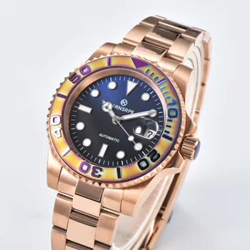 40 mm PARNSRPE Automatické mechanické hodinky Keramické otáčanie panelu dátum Luxusné mužov Rose gold prípade Svetelný hodinky