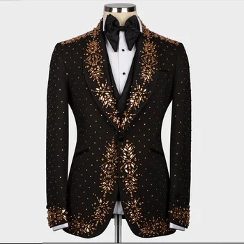 Elegantné Zlaté pánske Obleky Pre Svadobné Lištovanie Drážkou Laple Bunda, Nohavice, Vesta 3 Kusy Banquet Prom Tuxedos Muž Módne Oblečenie