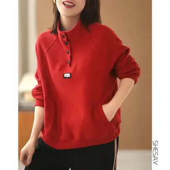 Stebėtų textílie mikina žena 2023 jar voľné list label stojí krku sveter ženy dlhé rukávy kórejský bežné mikina