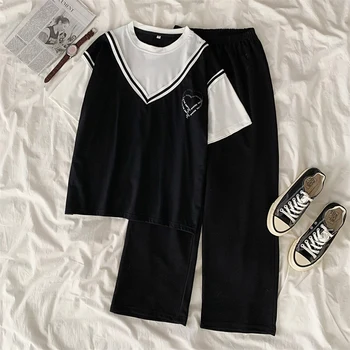 Harajuku t-shirts a širokú nohu, nohavice, súpravy 2 ks súpravy dámske oblečenie letné Dve Kus Ženy príležitostné voľné bavlnené Tepláky