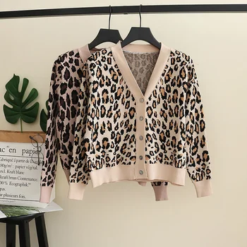 2021 Jar Jeseň Ročníka Leopard Tlač Ženy Pletený Sveter Tvaru Tlačidlá Krátke Cardigan Bežné Ženy Dámy Outwear