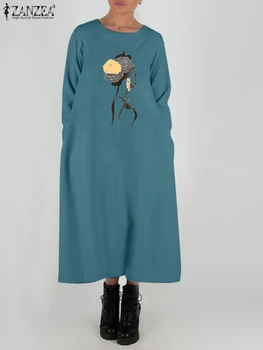 ZANZEA 2024 Jeseň Dlhý Rukáv Šaty Žien okolo Krku Maxi Vestdos Kvetinový Tlač Šaty Holiday Fashion Vrecká Nadrozmerné Šaty
