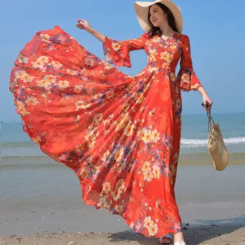 Kórejský Unif Vintage Kvet Ženy Šifón Party Šaty, Oblečenie Vysokej Dlhé Závoje Rukáv Členok-Dĺžka Tlače Bežné Plážové Šaty